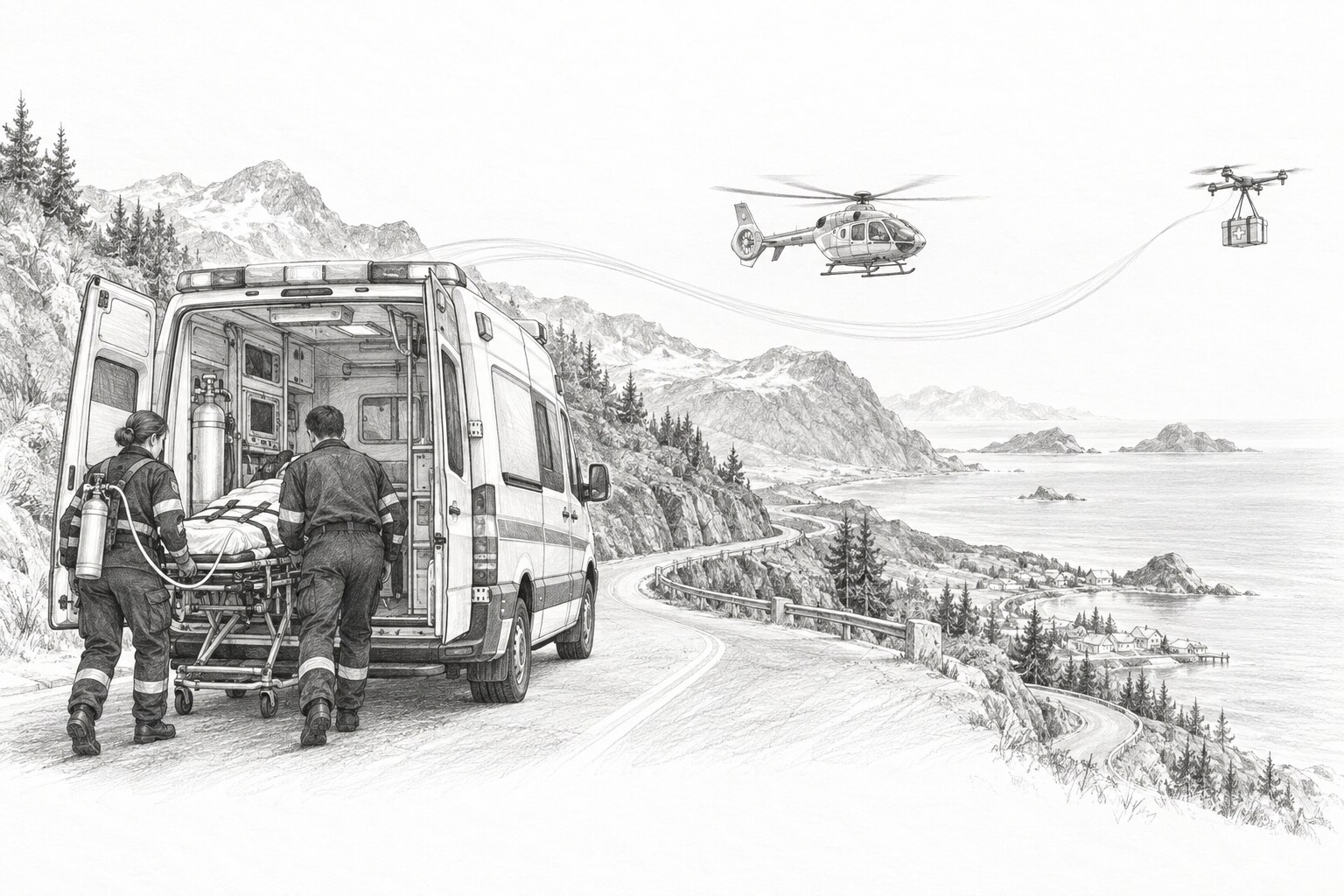Monochrome graphite pencil illustration of an ambulance, helicopter and medical drone supporting prehospital emergency care in a remote setting