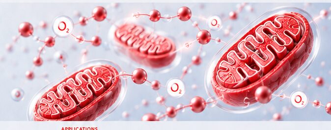 Illustrative red mitochondria and oxygen molecules representing tissue-level oxygen delivery and cellular energy metabolism