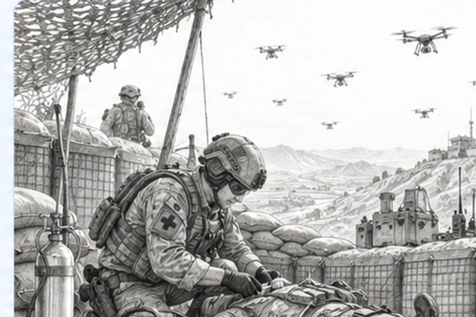 Monochrome graphite illustration of a field medic treating a casualty under protective cover while multiple drones operate overhead