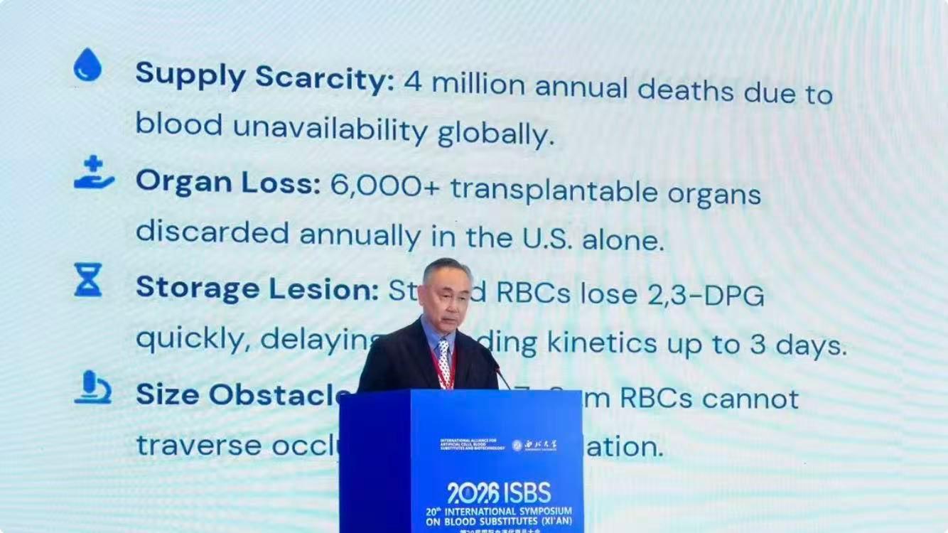 Bing-Lou Wong, PhD, presenting an ISBS 2026 slide on blood supply scarcity, organ loss and oxygen delivery