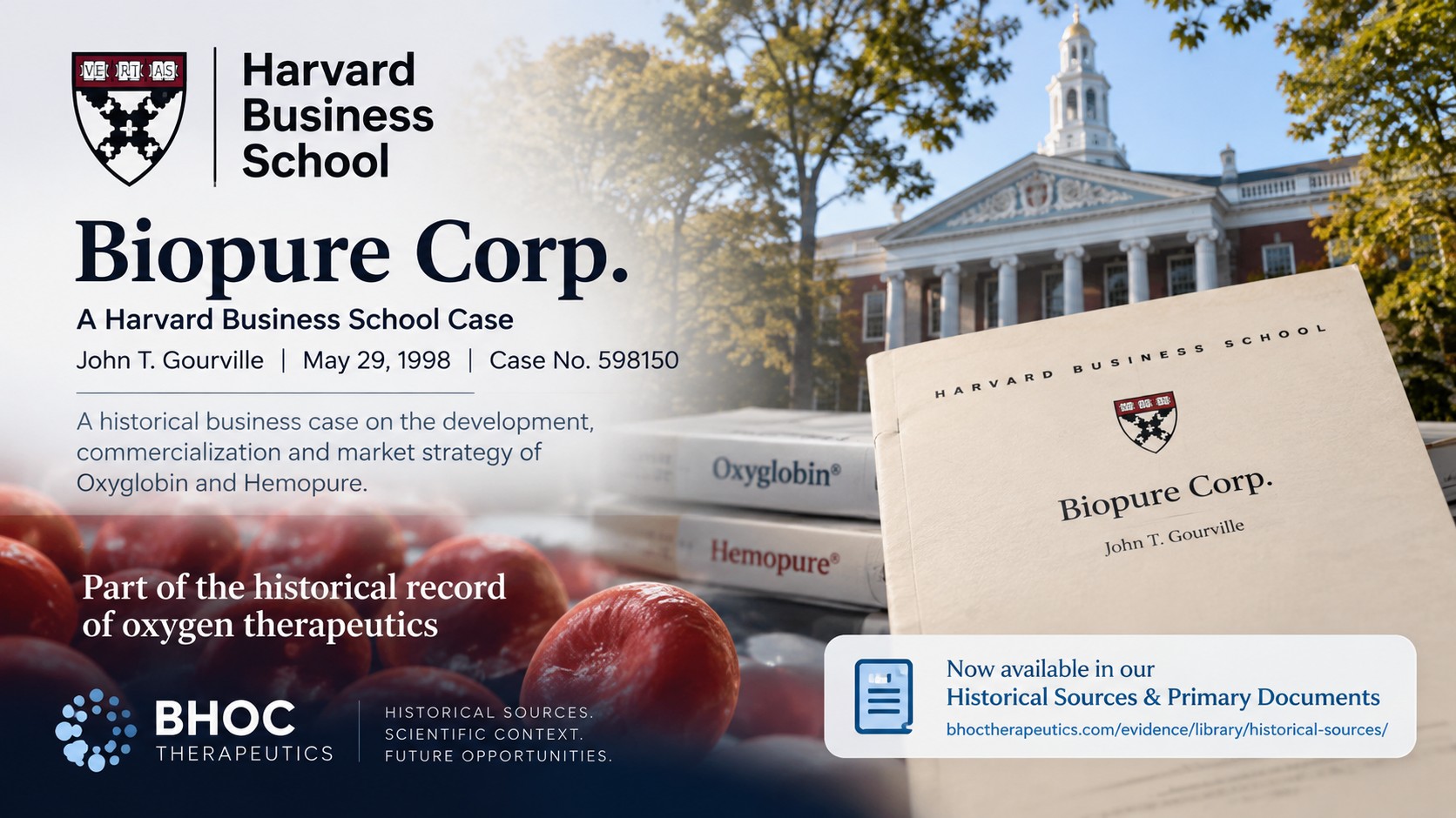 AI-generated editorial illustration of the 1998 Harvard Business School Biopure case, with Oxyglobin and Hemopure titles. Not an archival photograph or the original case cover.