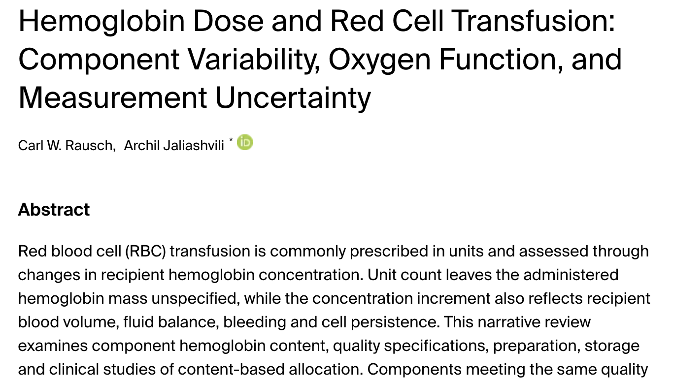 Screenshot of the preprint title, Hemoglobin Dose and Red Cell Transfusion: Component Variability, Oxygen Function, and Measurement Uncertainty, by Carl W. Rausch and Archil Jaliashvili, with the opening abstract.