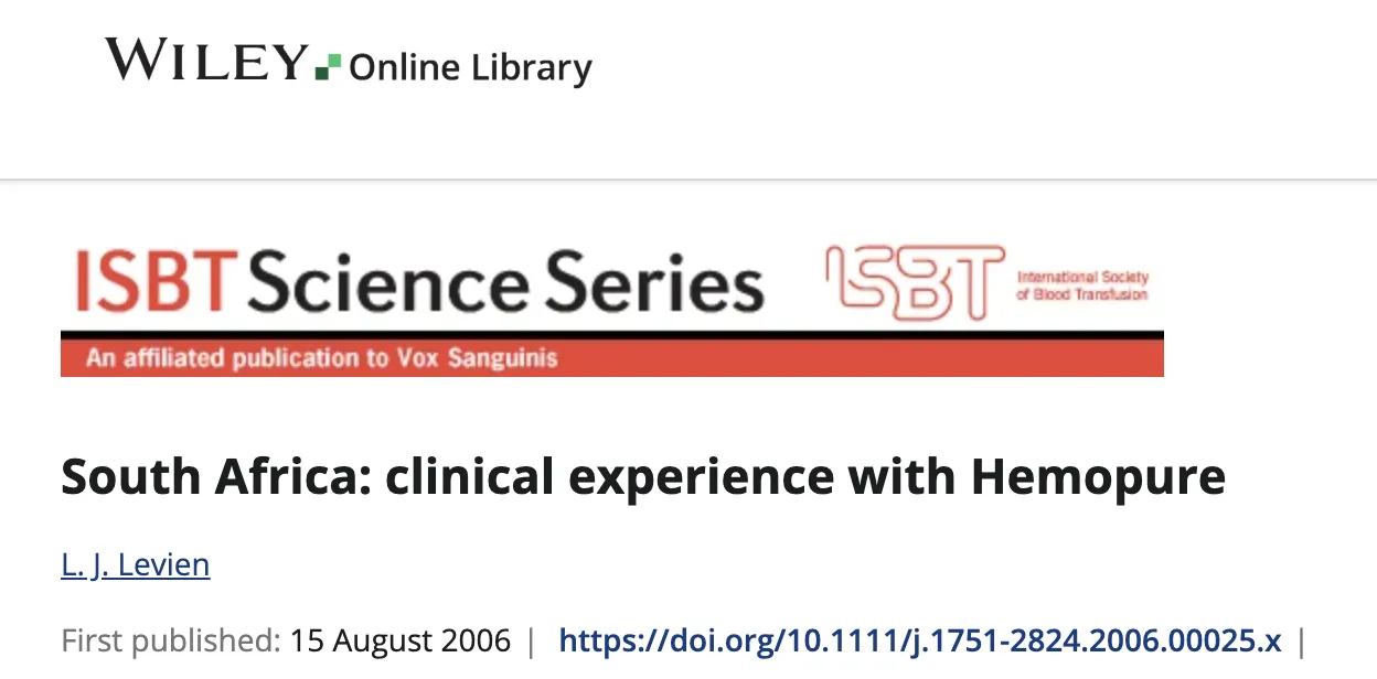 Wiley article header for L. J. Levien’s 2006 report, South Africa: clinical experience with Hemopure.