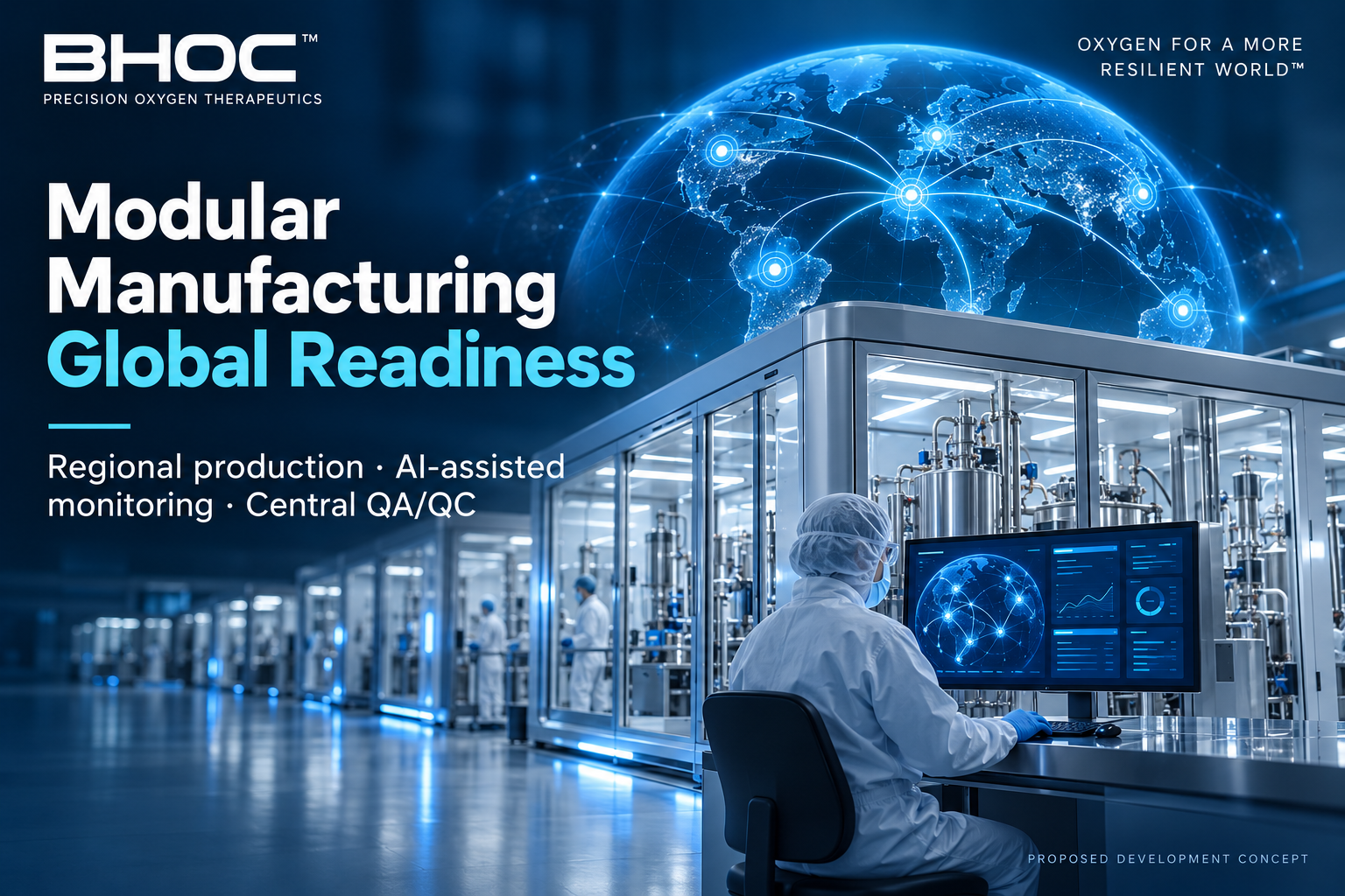 Proposed BHOC concept: modular cleanroom production units beneath a connected blue globe, with a specialist viewing a central quality-monitoring dashboard.