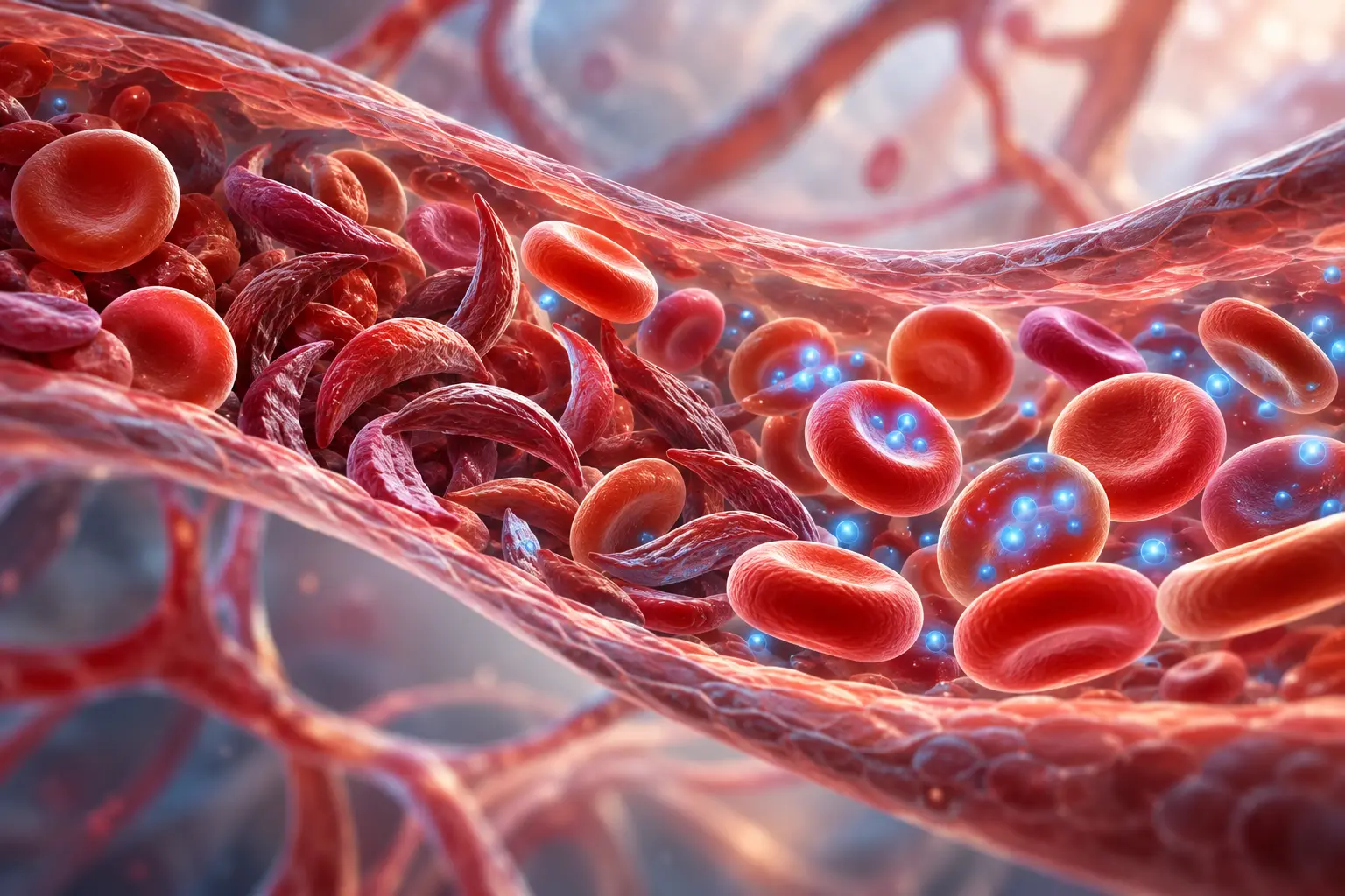 Healthy and sickled red blood cells moving through a microvessel, illustrating compatibility and oxygen-delivery challenges