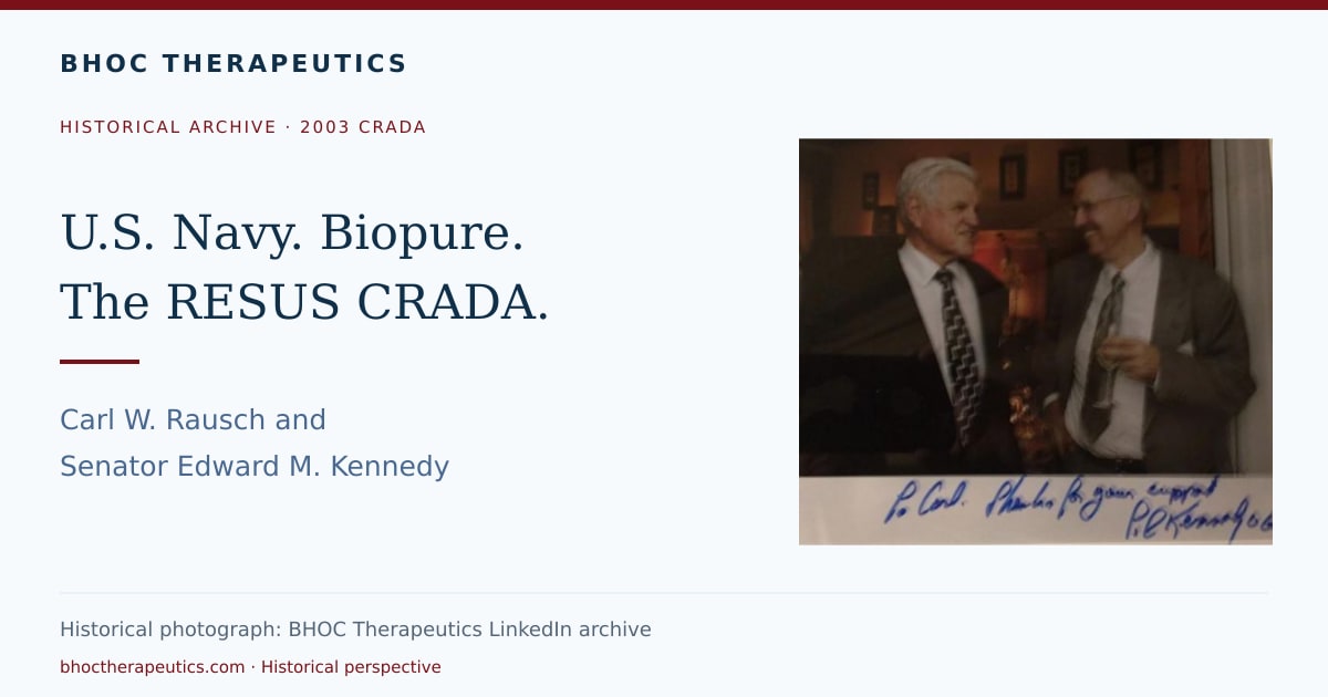 Senator Edward M. Kennedy standing beside Carl W. Rausch, with a handwritten dedication beneath the historical photograph shared by BHOC Therapeutics.