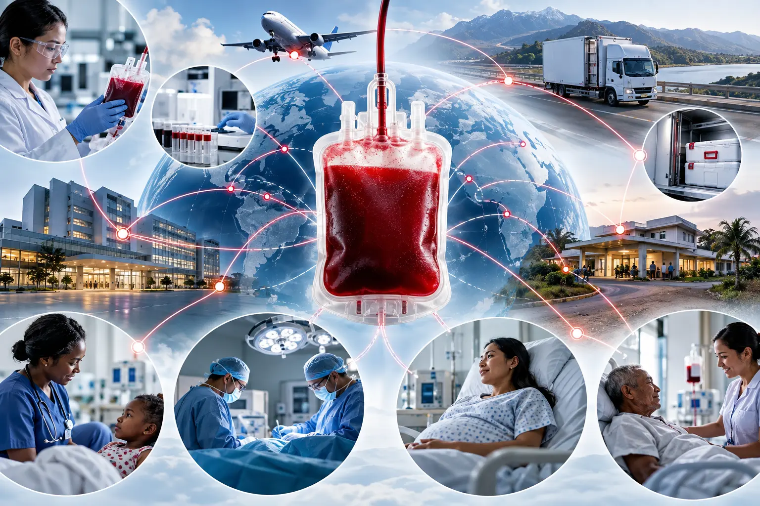 Global blood-supply network linking donation, testing, transport, hospitals and patient access