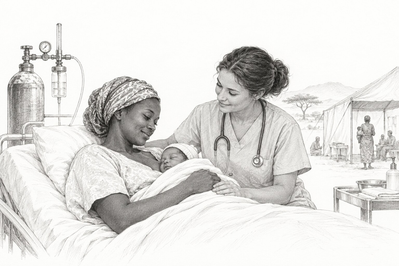 Monochrome graphite pencil illustration of maternal and newborn care in a humanitarian clinical setting, representing postpartum hemorrhage response and oxygen-delivery challenges